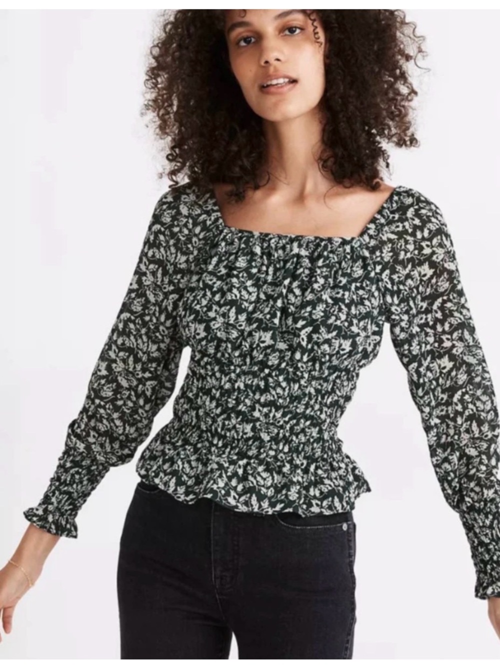 Madewell Georgette Floral Smock-Waist Long Sleeve Top Forest Green Pine Leaves